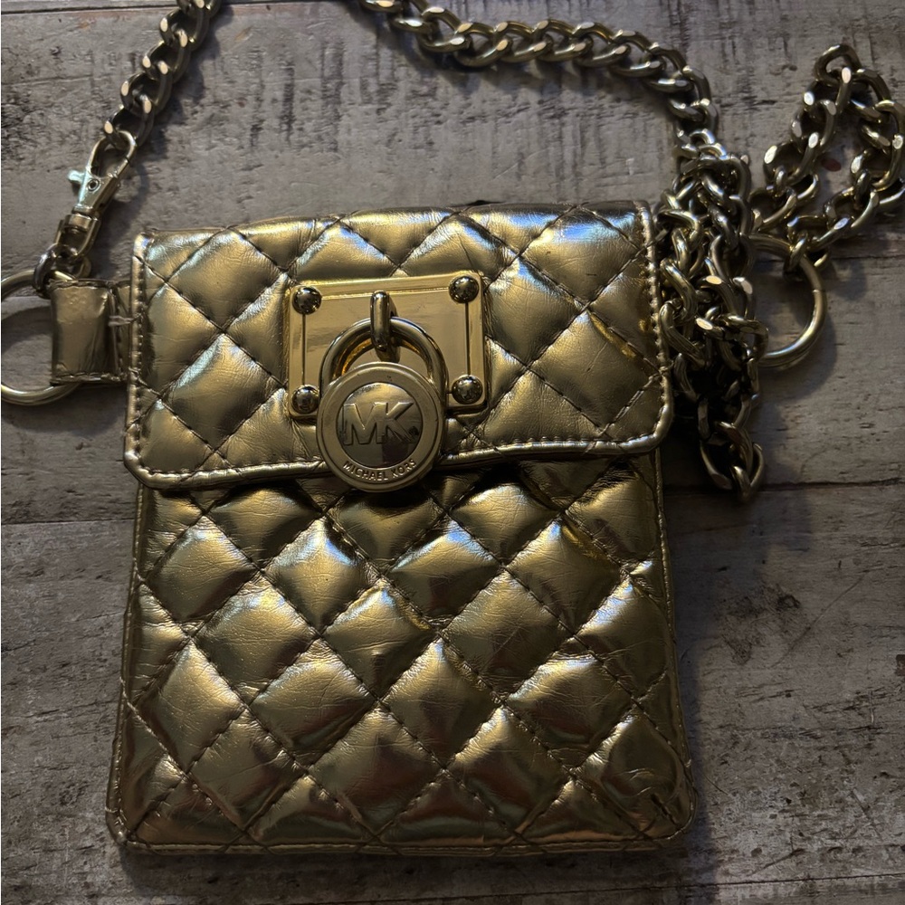 Michael Kors Gold Mini Bag with Quilted Design and Chunky Chain Strap